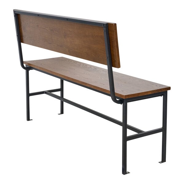 A wooden bench with a backrest and a black metal frame, viewed from the back and side.