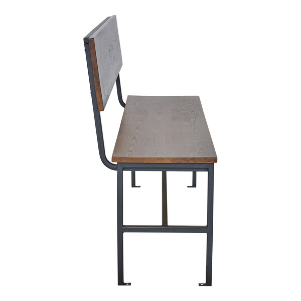 A side view of a bench with a wooden seat and backrest, supported by a black metal frame.