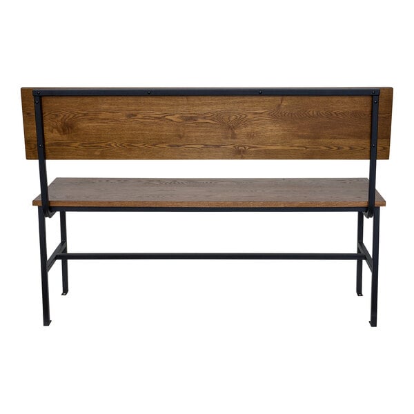 A wooden bench with a backrest and a black metal frame, viewed from the back.