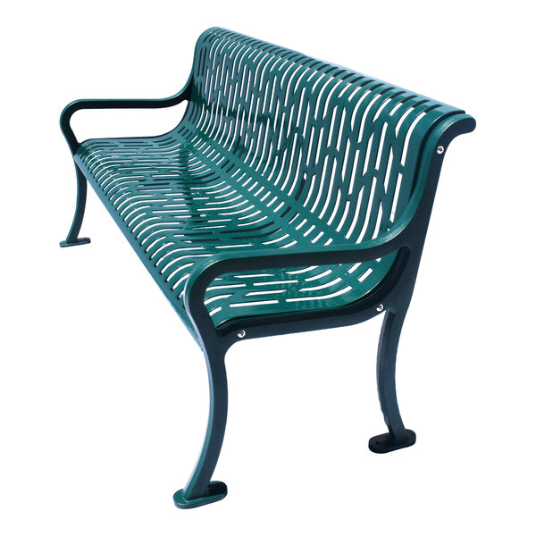 A green metal bench with a patterned seat and backrest, featuring armrests and curved legs.