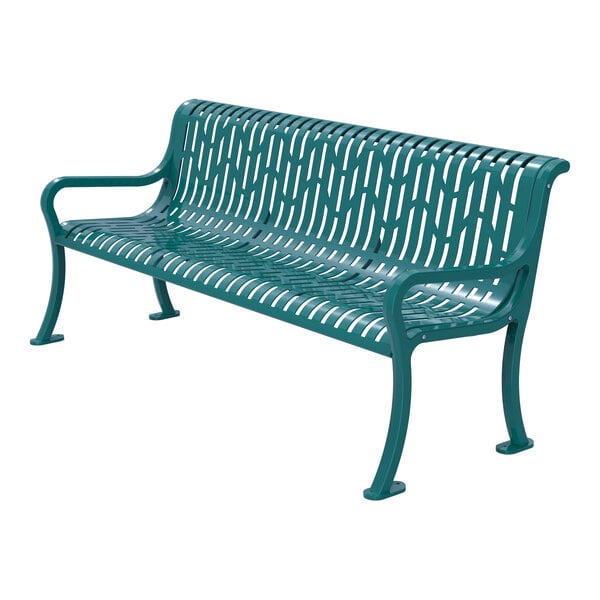 A green metal bench with a patterned backrest and seat, featuring armrests and four sturdy legs.