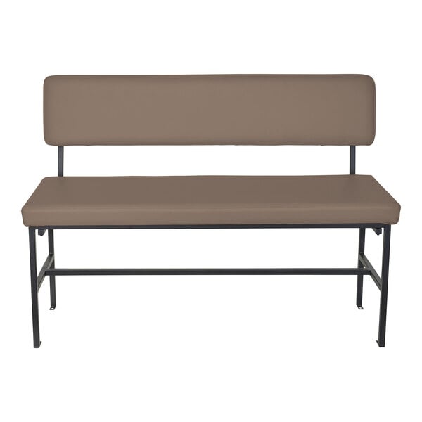 A bench with a brown upholstered seat and backrest, supported by a black metal frame.