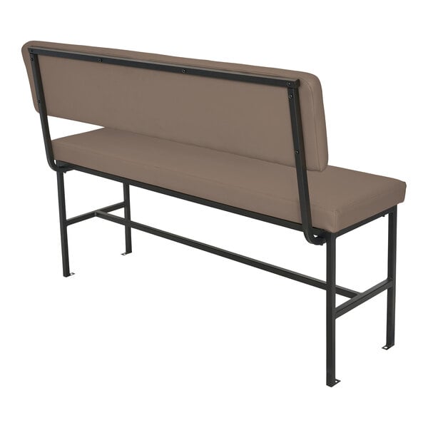 A bench with a cushioned seat and backrest in a taupe color, supported by a black metal frame.