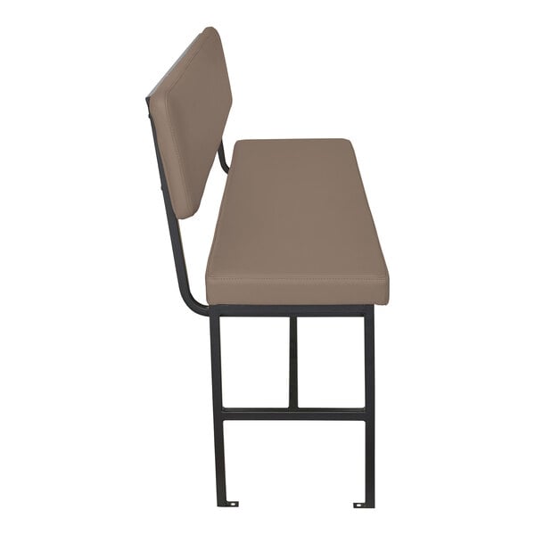 A side view of a bench with a cushioned seat and backrest, supported by a black metal frame.