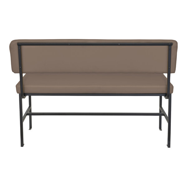 A bench with a brown upholstered seat and backrest, supported by a black metal frame, viewed from the back.