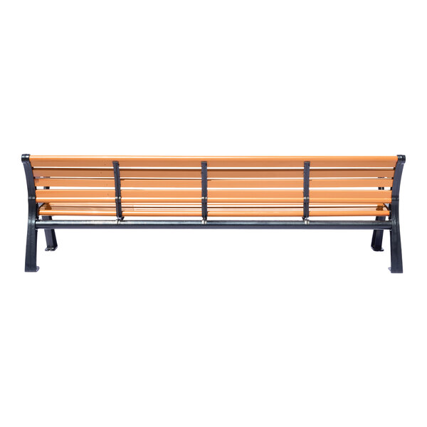 A long bench with light brown horizontal slats and black metal legs, viewed from the back.