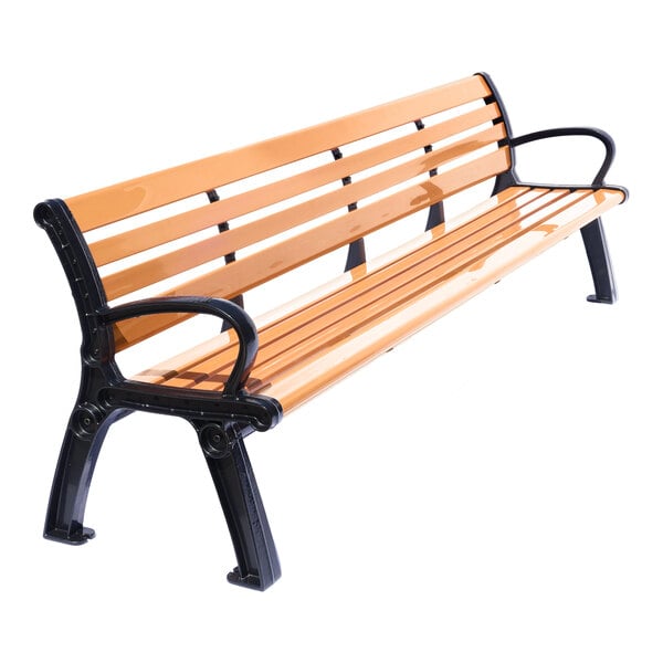 A wooden slat bench with black metal armrests and legs, photographed on a white background.