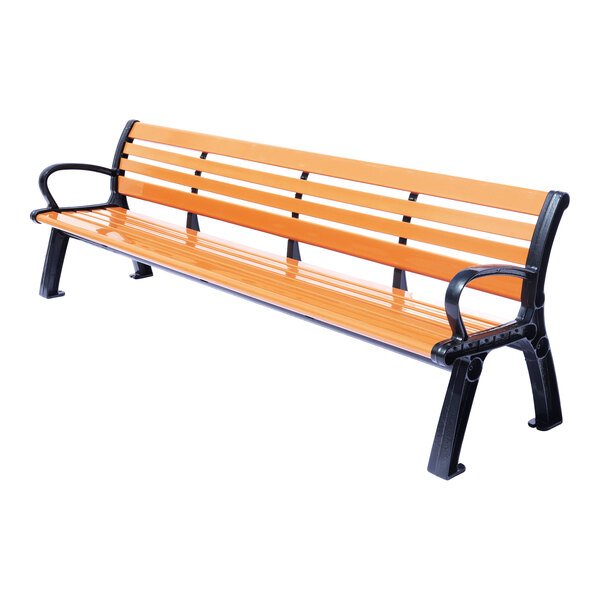 A long bench with orange slats and black metal armrests and legs.