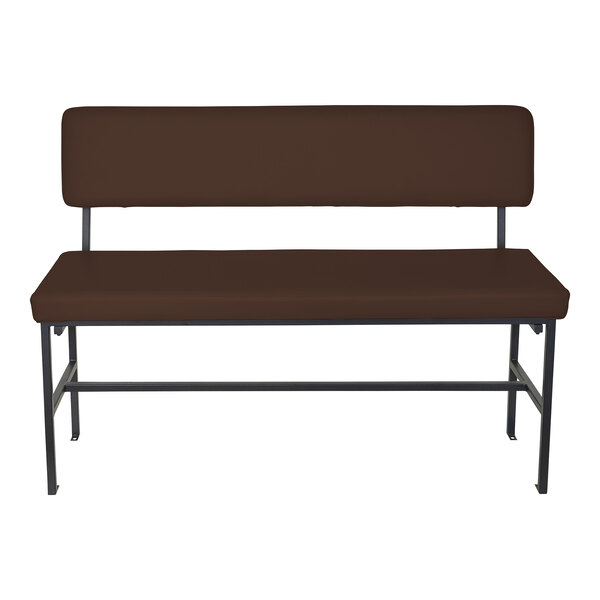 A brown bench with a cushioned seat and backrest, supported by a black metal frame.