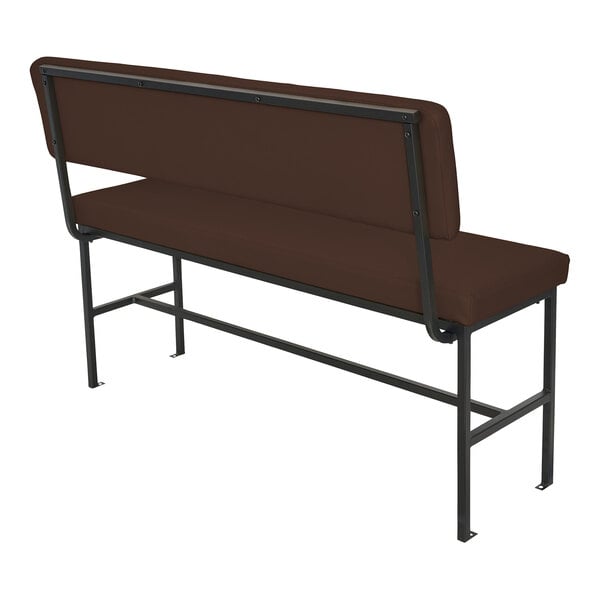 A bench with a brown upholstered seat and backrest, supported by a black metal frame.