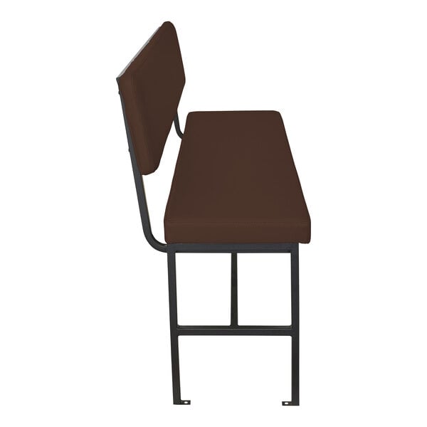 A side view of a bench with a brown cushioned seat and backrest, supported by a black metal frame.