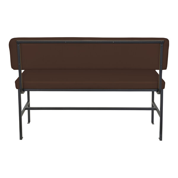 A brown cushioned bench with a backrest and a black metal frame, viewed from the back.