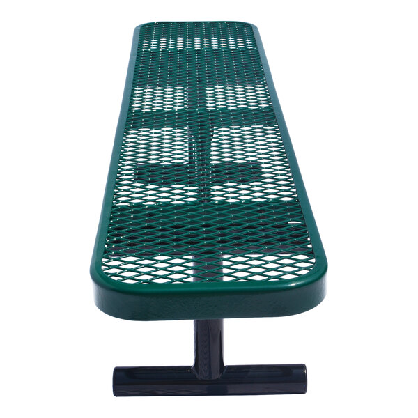 A green metal bench with a diamond-patterned mesh seat and a single central support leg.