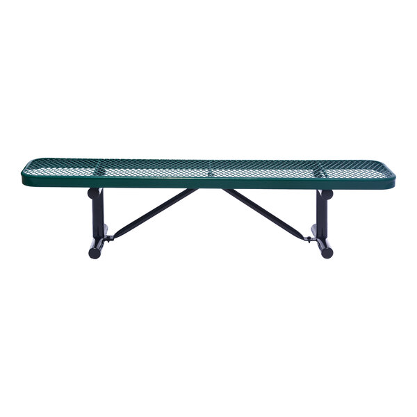 A green metal backless bench with a mesh seat and black metal legs.