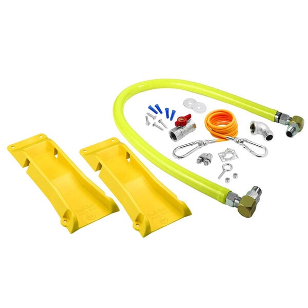 A yellow T&S Safe-T-Link gas connector hose kit with hoses and other parts.