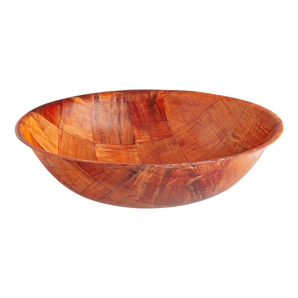 A round, shallow bowl with a smooth, polished wood-like finish and a woven pattern.