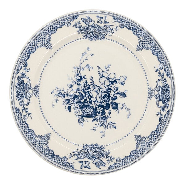 A round plate with intricate blue floral and decorative patterns on a white background, featuring a central bouquet design and ornate border details.