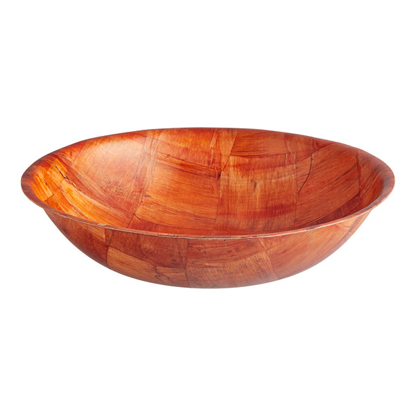 A round, shallow wooden bowl with a smooth, polished finish and visible wood grain patterns.