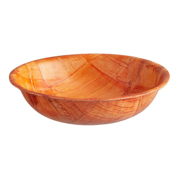 A round, shallow bowl with a woven wood pattern and a warm, reddish-brown finish.