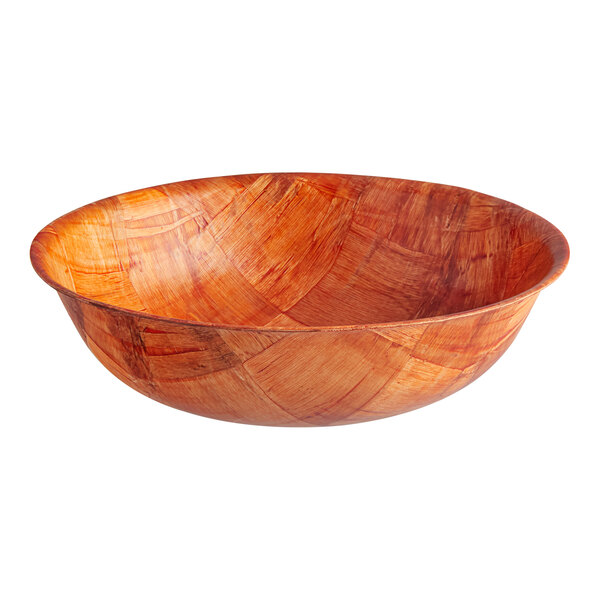 A round, shallow bowl with a woven wood pattern and a warm, reddish-brown finish.