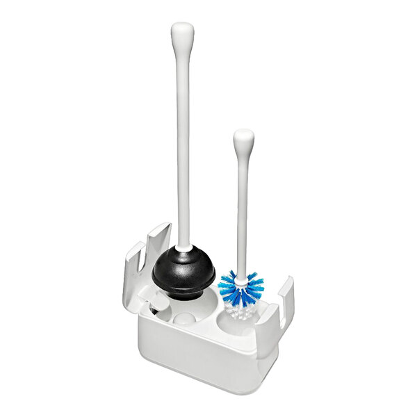 A white caddy holding a toilet plunger with a black rubber cup and a toilet brush with blue and white bristles.