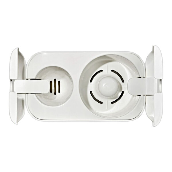 A white plastic caddy with two circular compartments, each with slotted openings, and hinged covers on both sides.