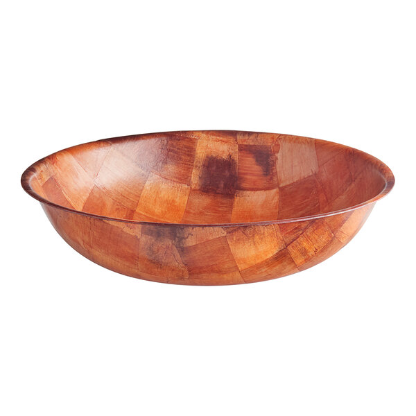 A round wooden bowl with a patchwork pattern of various wood tones.