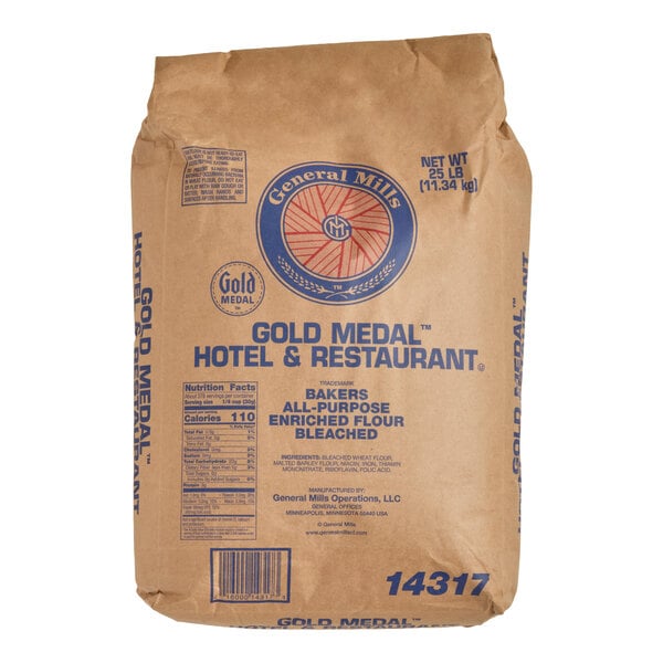 A large brown paper bag labeled 'Gold Medal Hotel & Restaurant Bakers All-Purpose Enriched Flour Bleached' with blue text and a General Mills logo, weighing 25 pounds.