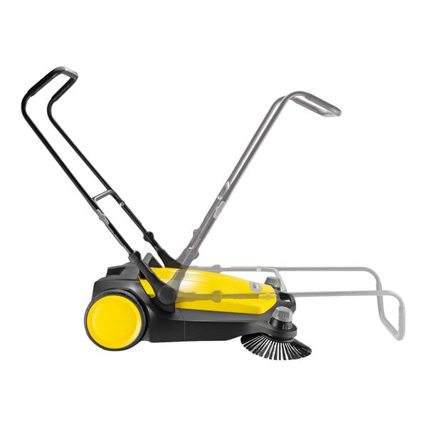 A yellow and black manual sweeper with a large wheel and an adjustable handle shown in multiple positions.