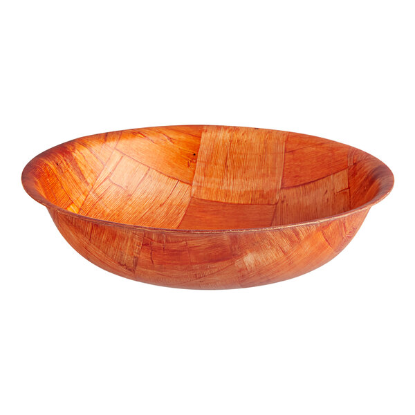 A round, shallow bowl with a woven wood pattern and a warm, reddish-brown finish.