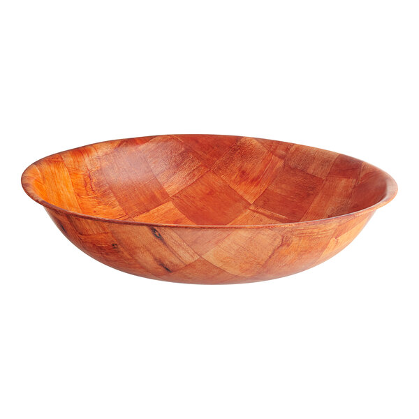 A round, shallow wooden bowl with a woven pattern and a smooth finish.