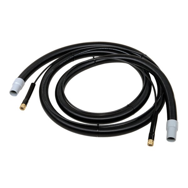 A coiled black hose set with gray and brass connectors on each end, displayed on a white background.
