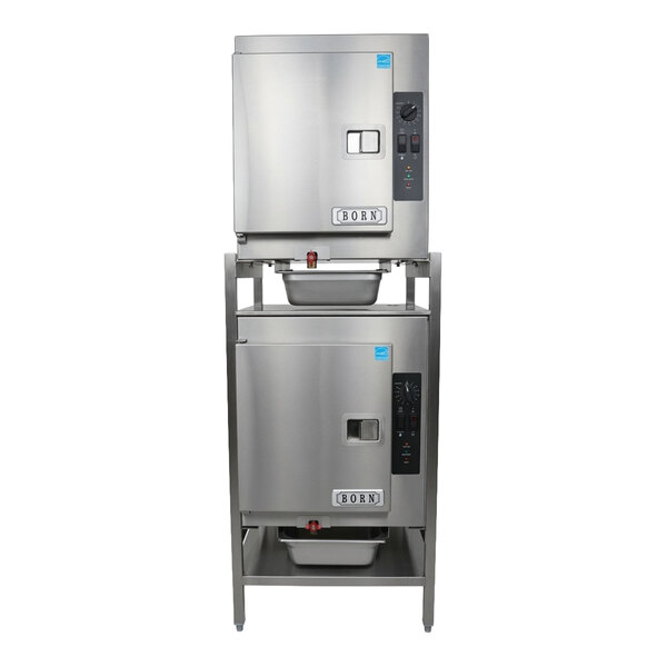 Born 1SCEMCS (2) SteamCub Electric Countertop Boilerless Steamer, Rethermalizer, & Stacked Holding Cabinet with Stand - 240V, 1-Phase