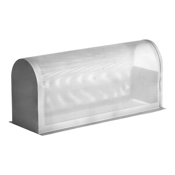 A perforated, curved stainless steel cover with a flat base, likely used as a sifter or protective screen.