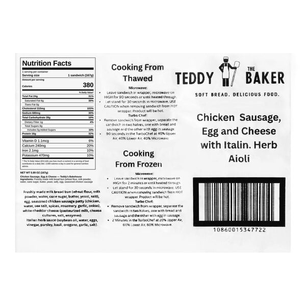 A product label for a chicken sausage, egg, and cheese sandwich with Italian herb aioli, showing nutrition facts, cooking instructions, ingredients, and a barcode.