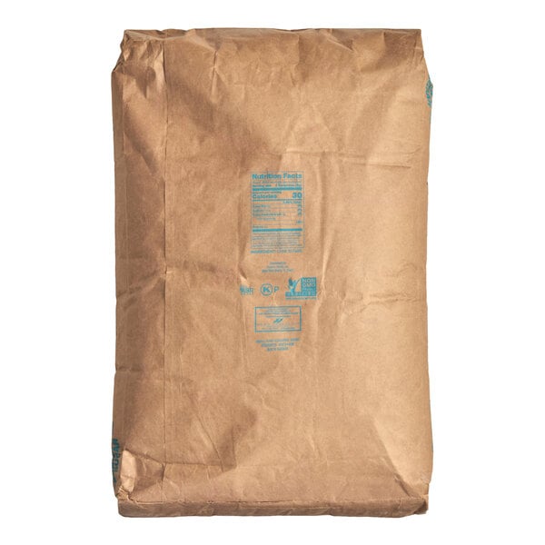 A large brown paper bag with blue printed text and nutrition facts on the front.