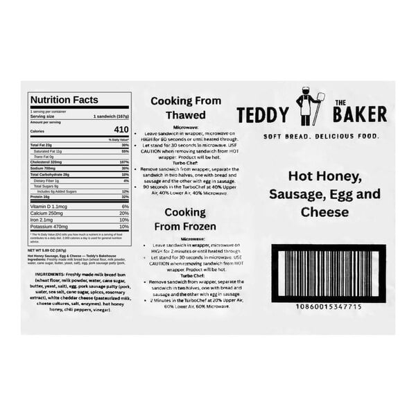 A product label for a hot honey, sausage, egg, and cheese sandwich, showing nutrition facts, cooking instructions, ingredients, and a barcode.