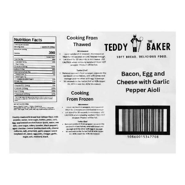 A product label for a bacon, egg, and cheese sandwich with garlic pepper aioli, showing nutrition facts, cooking instructions, ingredients, and a barcode.