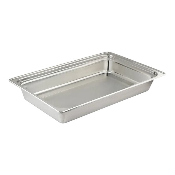 A rectangular, shallow stainless steel pan with smooth sides and a flat bottom.