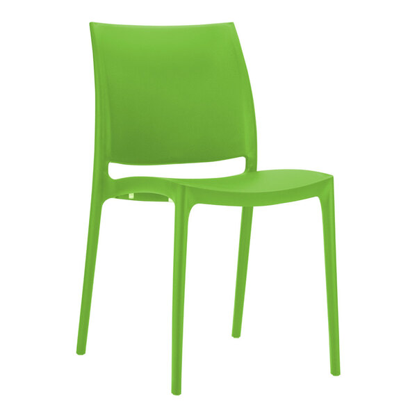 A bright green plastic chair with a simple, modern design and a slightly curved backrest.