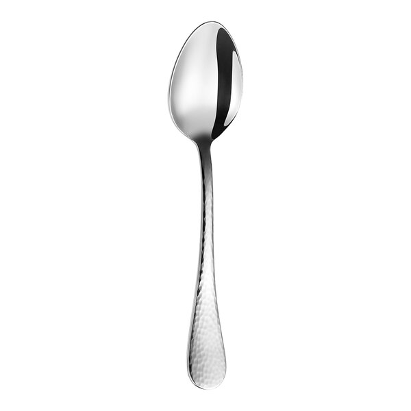 A shiny metal teaspoon with a smooth bowl and a textured handle, shown against a white background.