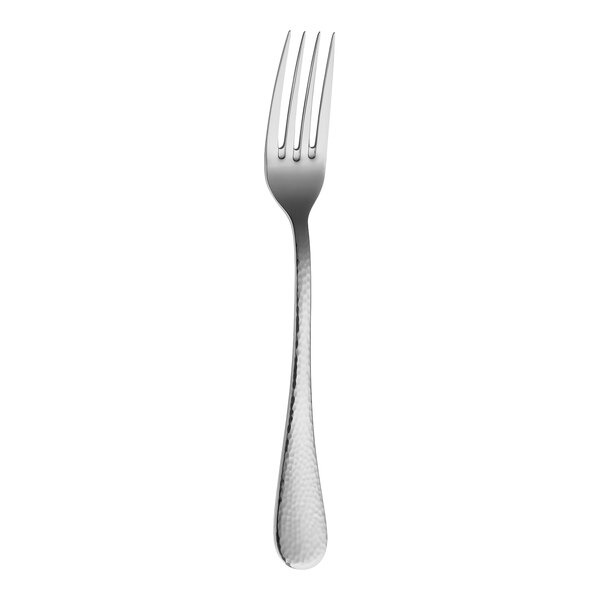 A stainless steel fork with a textured handle, shown against a white background.