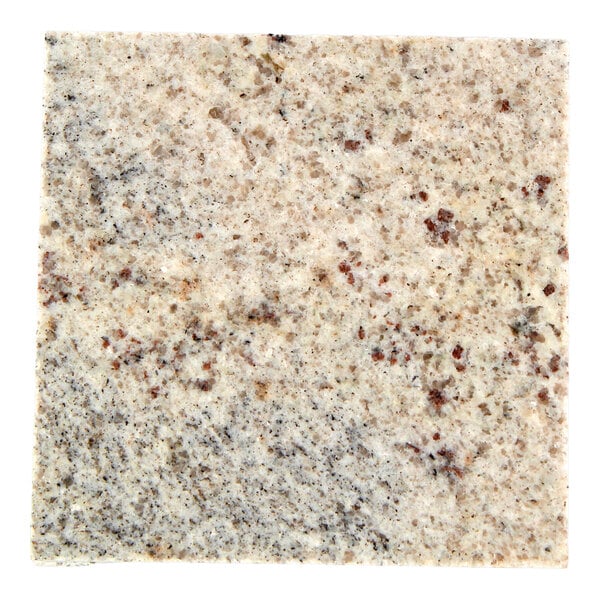 A close-up view of a square granite surface with a light background and speckled patterns in gray, brown, and reddish tones.