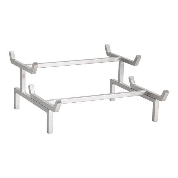 A two-tier, open-frame stand made of brushed stainless steel with angled supports at each corner.