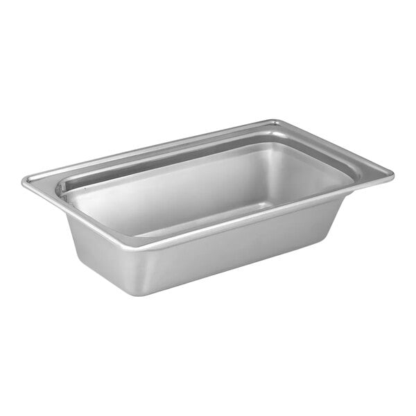 A rectangular, stainless steel food pan with a smooth, shiny surface and slightly flared edges.