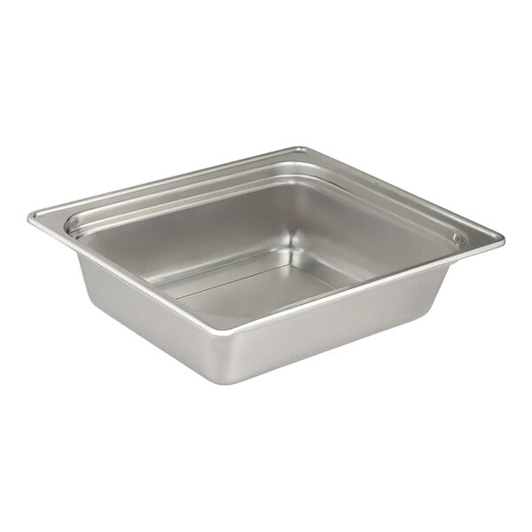 A rectangular, stainless steel pan with a flat rim and smooth interior, shown at an angle.