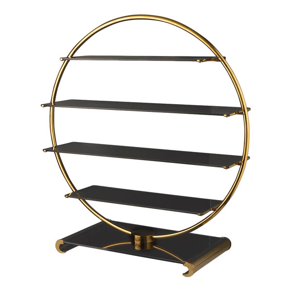 A circular gold metal display stand with four black glass shelves and a matching base.