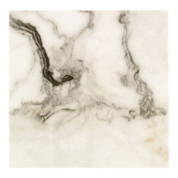 A close-up view of a white stone surface with gray and black veining patterns.