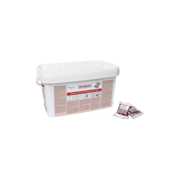 A white plastic container with a labeled front and two individually wrapped packets placed beside it.