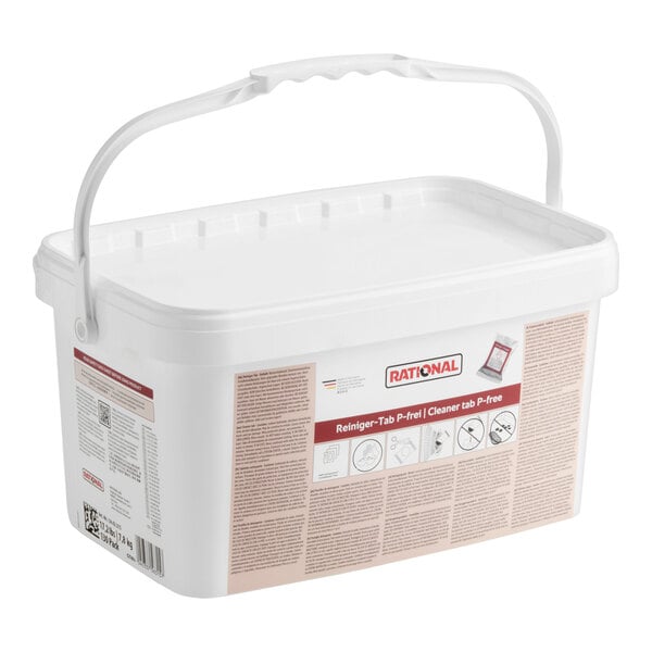 A white plastic container with a handle and a label indicating it contains phosphate-free cleaner tabs.